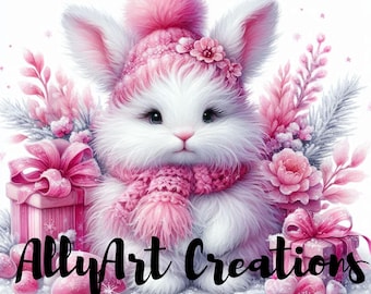 Christmas Bunny Clipart - Pink Christmas Art - Winter Woodland Rabbits - Digital Christmas Clipart Bundle