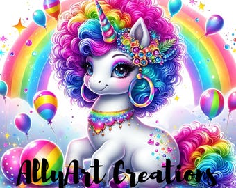 May include: A whimsical illustration of a white unicorn with a rainbow mane, horn, and tail. The unicorn has large blue eyes, hoop earrings, and a jeweled necklace. Colorful balloons and a rainbow arch in the background. Text reads "AllyArt Creations".