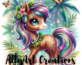 May include: A whimsical illustration of a brown unicorn with a rainbow mane and tail, adorned with flowers and a horn. The unicorn has large blue eyes and is decorated with a leaf and bead necklace. The image includes the text "AllyArt Creations" and two butterflies.