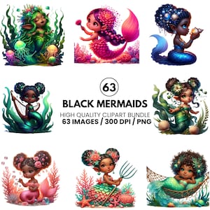 Black Girl Mermaid Clipart – Afro Mermaid PNG – Mermaid Illustrations – Magical Ocean Princess Clipart –Sublimation & Papercraft Art