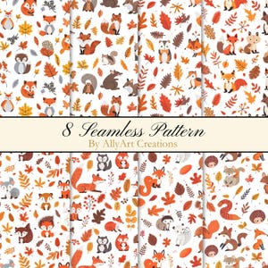 Autumn Animals Seamless Pattern - Cute Fall Fox Print - Kids Digital Paper - Fabric and Nursery Decor - Woodland Leaves - Commercial Use
