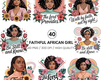 Black Girl Praying Clipart Bundle - African American Woman of Faith - Christian Afro Girl Art - Black Woman Faith PNG for Bible Journaling