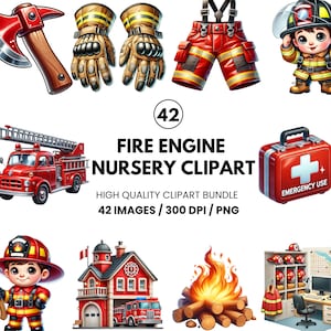 Watercolor Firefighter Clipart - Fire Truck Clipart PNG - Nursery Illustration - Firefighter Birthday