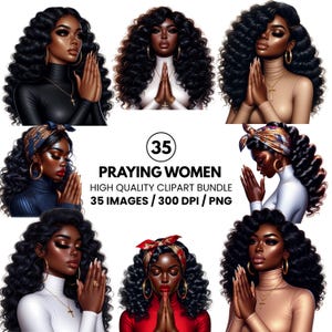 African American Women Prayer Clipart- Faith Art- Praying Women Graphics for Planners- Faithful Black Women PNG - Praying Women for Crafts