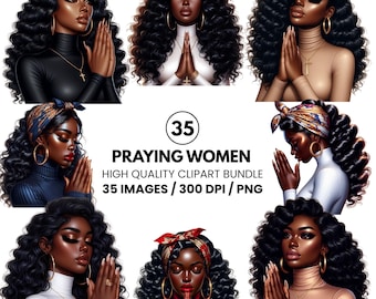 African American Women Prayer Clipart- Faith Art- Praying Women Graphics for Planners- Faithful Black Women PNG - Praying Women for Crafts