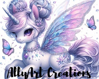 May include: A whimsical illustration of a white unicorn with purple and blue accents. The unicorn has large eyes, a flowing mane, and sparkling wings. Butterflies and crystals surround the unicorn. The text "AllyArt Creations" is at the bottom.