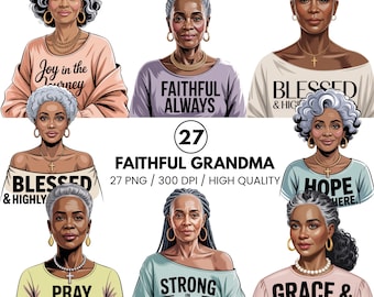 Black Girl Praying Clipart Bundle - Faithful Grandma Clipart - Black Woman Christian Sublimation PNG - Prayer Journal and T-Shirt Design