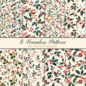 Red Berry and Leaf Seamless Pattern - Holly Christmas Fabric Print - Winter Floral Digital Paper -Commercial Use