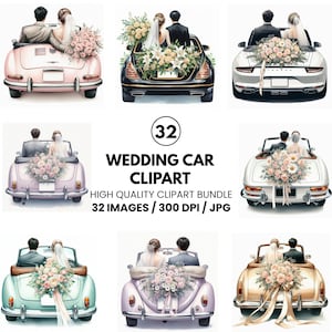 Wedding Car Couple Clipart- Just Married Wedding Car- Printable Art -High Quality JPGs- Paper Craft-  Romantic Getaway Art for Invitations