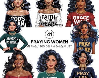 Black Girl Praying Clipart Bundle - Faith PNG for Bible Study, Prayer Journal, Scrapbooking, and Custom T-Shirt Designs