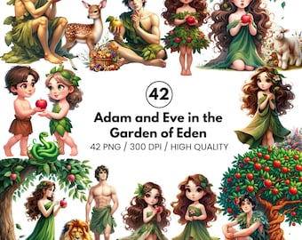 Adam and Eve Clipart - Garden of Eden PNG - Bible Story - Religious Clipart- Biblical Character - Christian Art - Kids Bible Study