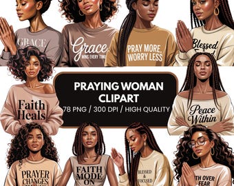 Black Girl Praying Clipart Bundle - Faith PNG for Bible Study, Prayer Journal, Scrapbooking- African Woman of Faith -Christian Afro Girl Art