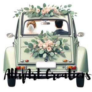 Wedding Car Couple Clipart- Just Married Wedding Car- Printable Art - Paper Craft- Romantic Getaway Art for Invitations