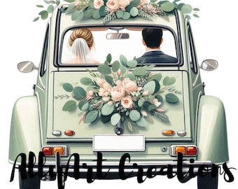 Wedding Car Couple Clipart- Just Married Wedding Car- Printable Art - Paper Craft- Romantic Getaway Art for Invitations