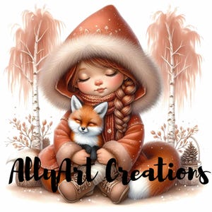 Christmas Girl Fox Clipart –Cute Winter Fox–Holiday Fox Girl Illustration–Kawaii Christmas Animal Clipart–Papercraft –Junk Journal Printable