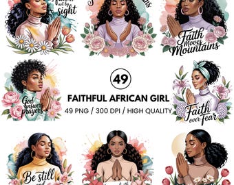 Black Girl Praying Clipart Bundle - African American Woman of Faith PNG - Christian Afro Girl Art - Bible Study Journaling Stickers