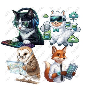 May include: A digital illustration featuring four anthropomorphic animals in a tech theme. A cat with glasses and headphones types on a keyboard. An alpaca wears VR glasses. An owl holds a tablet, and a fox has a clipboard.