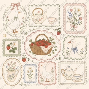 May include: A selection of charming illustrations with a goose, strawberries in a basket, teacups, teapots, and floral arrangements. The artwork has a vintage, cottagecore aesthetic with soft pastel colours and decorative frames.