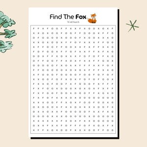 Trova la volpe, giochi di ricerca di parole singole stampabili, attività educativa divertente per bambini e adulti, gioco di puzzle di parole impegnativo