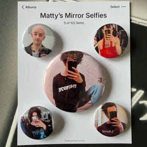 The 1975 inspired Matty Healy Mirror Selfie Button Badge Pack – Band Merch, Fan Art, Album Artwork badges