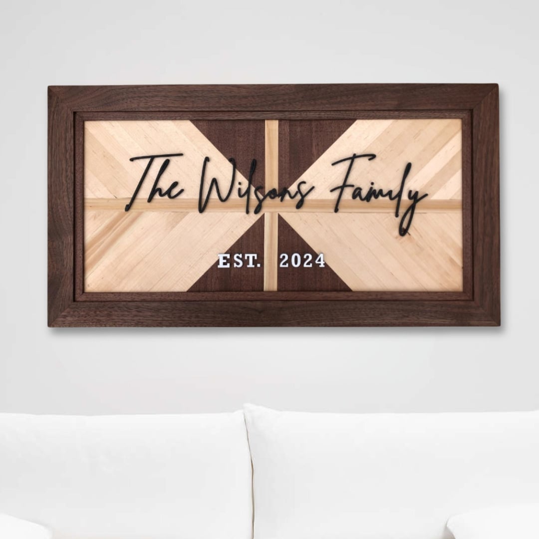 Custom Family Name Wood Art Mosaic Wall Decor Maple Walnut Sign Premium ...