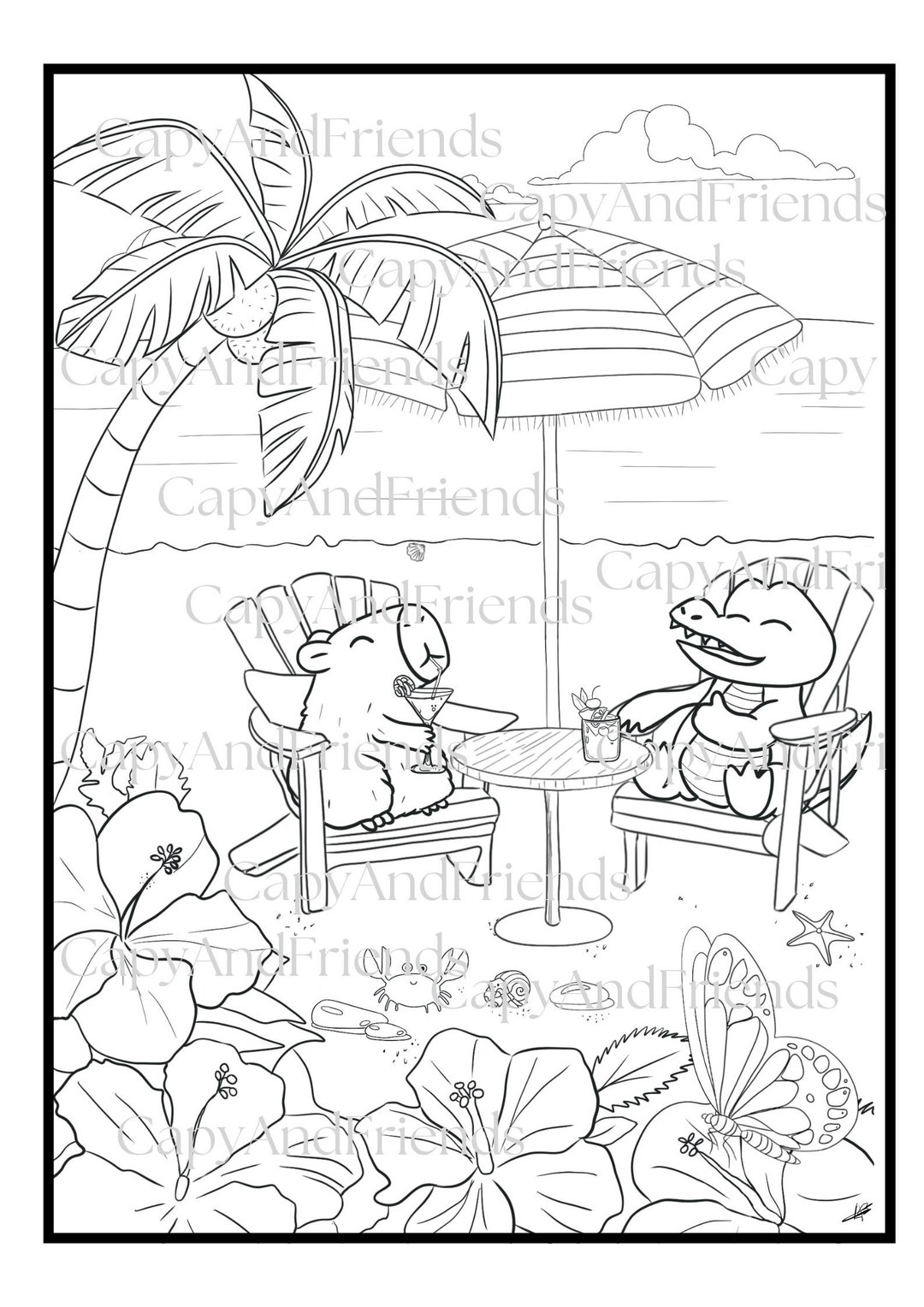 Capybara at the Beach Cute Coloring - Etsy