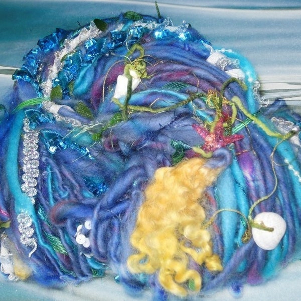 Handspun Art Yarn / Mermaids Garden  / Blue green Fantasy yarn by Fiber Artist GERRY / Order Item