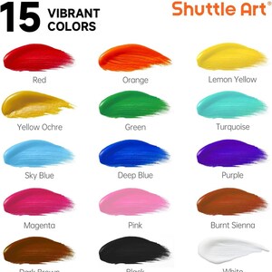 May include: An image showcasing 15 vibrant colors of Shuttle Art paint. The colors include red, orange, yellow, green, blue, purple, pink, brown, black, and white. Each color is displayed as a brushstroke with its name below.