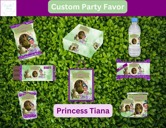Princess Tiana Custom Name Party Kit, Tiana Custom Party Theme, princess tiana Personalized Party Favors, Custom Chip Bags, Custom Labels