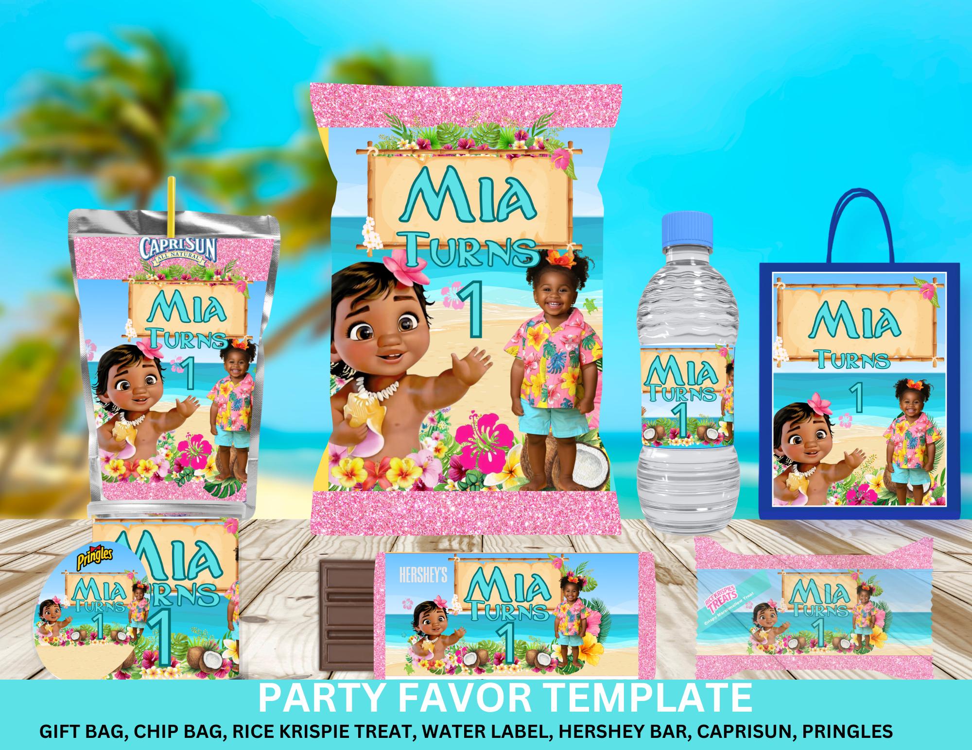 Gepersonaliseerde baby Moana Chip Bags-label voor decor verjaardagsfeestje voor kinderen