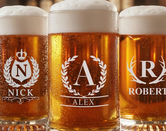 Personalized Beer Mug with Handle, Custom Engraved 14 & 25 oz Beer Glass, Groomsmen Gift, Father’s Day, Christmas Gift