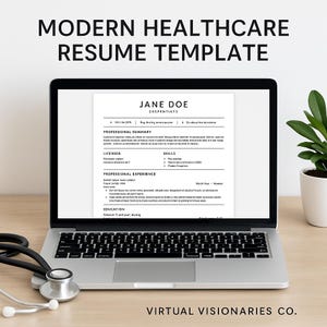 Pode incluir: Um computador portátil exibindo um modelo de currículo moderno para o setor de saúde com o nome Jane Doe e o título "EXEPRNTIATS". O currículo inclui seções para resumo profissional, licença, experiência profissional, habilidades e educação.