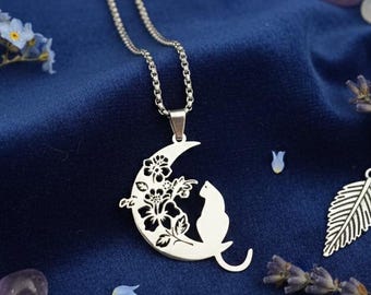 Cat Moon Necklace | Lunar Spiritual Pendant | Mystical Cat Jewelry with Floral Design