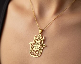 Gold Hamsa Hand Necklace | Hand of Fatima Protection Amulet | Elegant Spiritual Jewelry | Stainless Steel