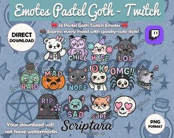 Pastel Goth Twitch Emotes PNG Pack | Kawaii Spooky Emojis (Digital Download)