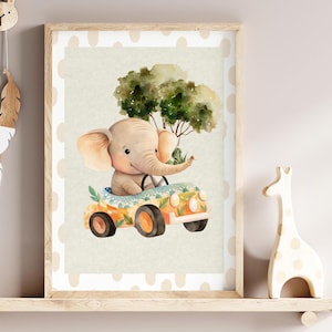 Safari Adventure Nursery Wall Art :Fun  Elephant Car Rides with Mountain Landscape |Neutral Nursery Wall Art| |Baby Shower Gift  Nursery Art