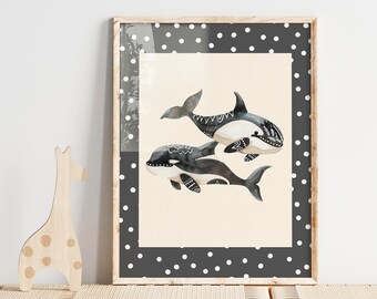 Whale Nursery Art Print: Black and White Ocean Theme