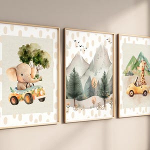 Safari Adventure Nursery Wall Art – Elephant & Giraffe Car Rides with Mountain Landscape| Nursery Art|  Neutral Kids Room Fun Adventure Art