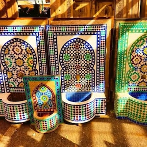 Traditional Moroccan Fountain: Zellige Tile, Courtyard Decor