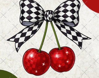 Coquette Cherry Bow PNG, Retro Checkered Bow Cherries Clipart, soft girl aesthetic png, Summer DTG DTF Sublimation,Trendy Png