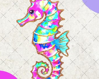 Preppy Neon Seahorse PNG, Summer Vibes Coastal Clipart, Retro Girly Beach Sublimation, Toddler Mermaid Ocean Png, Coquette Sea Life Design
