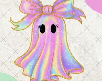 Iriserende geest PNG, Coquette Halloween Ghost PNG, schattige pastel Halloween-sublimatie, clipart girly BOO Ghost, digitale download