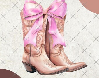 Coquette Cowgirl PNG, Western sublimation design, Soft girl era, Cowgirl boots png, Boots with bows, coquette shirt design, pink bow png