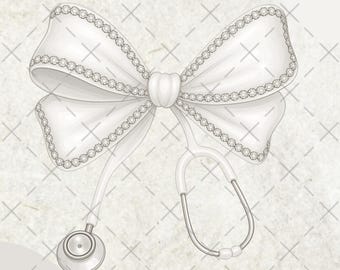 White Nurse Coquette Bow PNG, Elegant Stethoscope Clipart, Cute Medical Sublimation Download