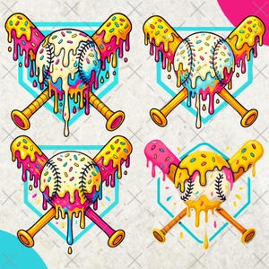 Baseball Ice Cream Drip PNG Bundle | Baseball Sublimation Design | Colorful Game Day Clipart for Shirts, Moms, Teams | Digital Download