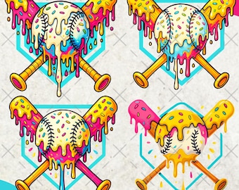 Baseball Ice Cream Drip PNG Bundle | Baseball Sublimation Design | Colorful Game Day Clipart for Shirts, Moms, Teams | Digital Download