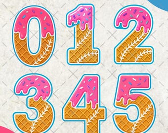 May include: Five waffle cone-shaped numbers with pink frosting and colorful sprinkles. The numbers are 0, 1, 2, 3, and 5.