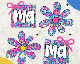May include: A collection of floral designs with the word "ma" in white block letters. The designs include two square shapes with pink bows and two flower shapes, all with a colorful floral pattern.