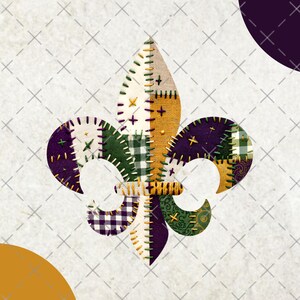 May include: A patchwork fleur-de-lis design in shades of purple, green, gold, and white. The design features various fabric patterns, including gingham and floral prints, stitched together with contrasting thread. The background is a light grey with a subtle crosshatch pattern.