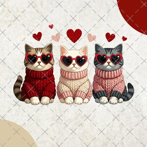 Puede incluir: Tres gatos de dibujos animados con gafas de sol en forma de corazón y suéteres de punto. Los gatos son de color marrón, blanco y gris, con suéteres rojos y rosas. Corazones rojos y rosas flotan sobre ellos, creando un tema de San Valentín.